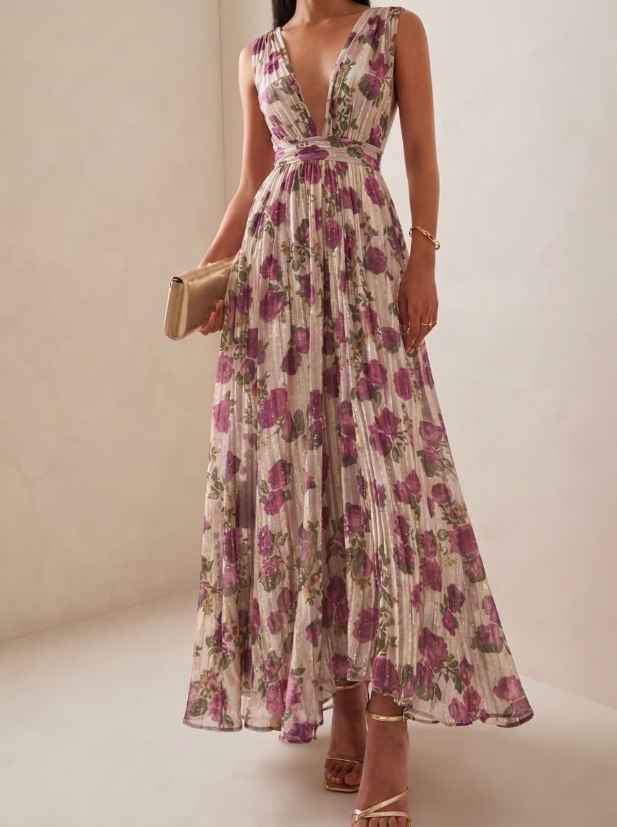 Vestido Plisado con Estampado Floral